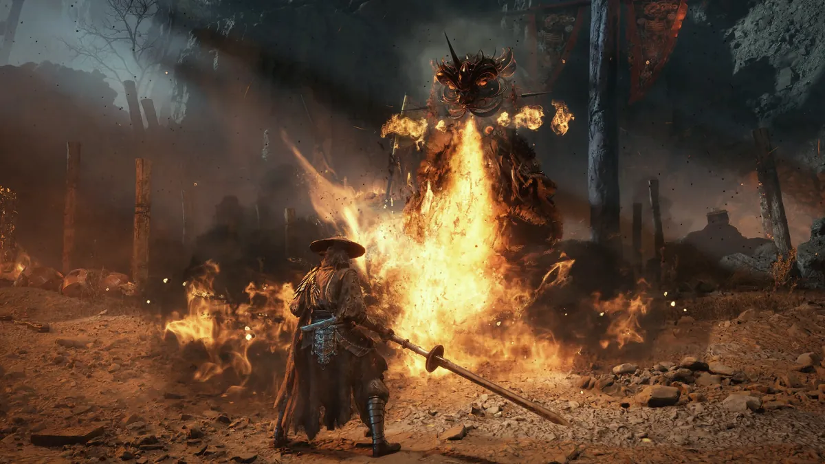A straw-hatted swordsman faces a fire-breathing lion-dance figure in Phantom Blade Zero.